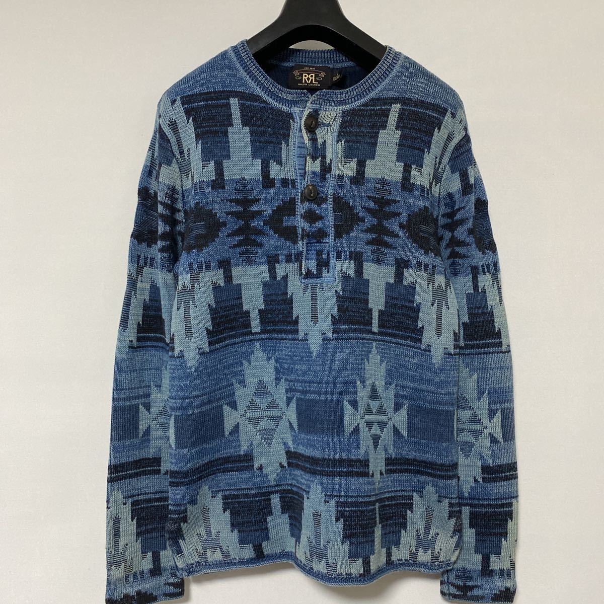 美品 希少 RRL エイジング 加工 インディゴ ネイティブ 柄 ニット