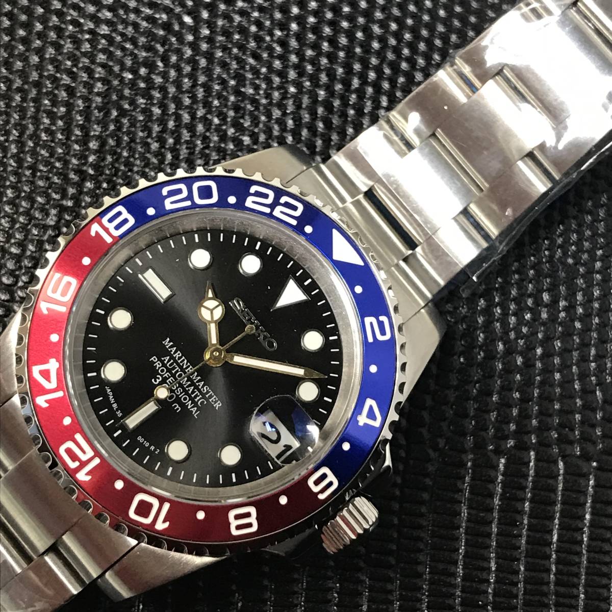 SEIKO MOD NH35 ペプシGMT ブラック インデックスホワイト ゴールド 