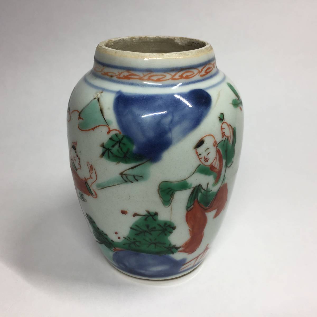 明末清初 天啓赤絵・南京赤絵 唐子遊戯図 小壺 伝世 十長生・吉祥文 松 
