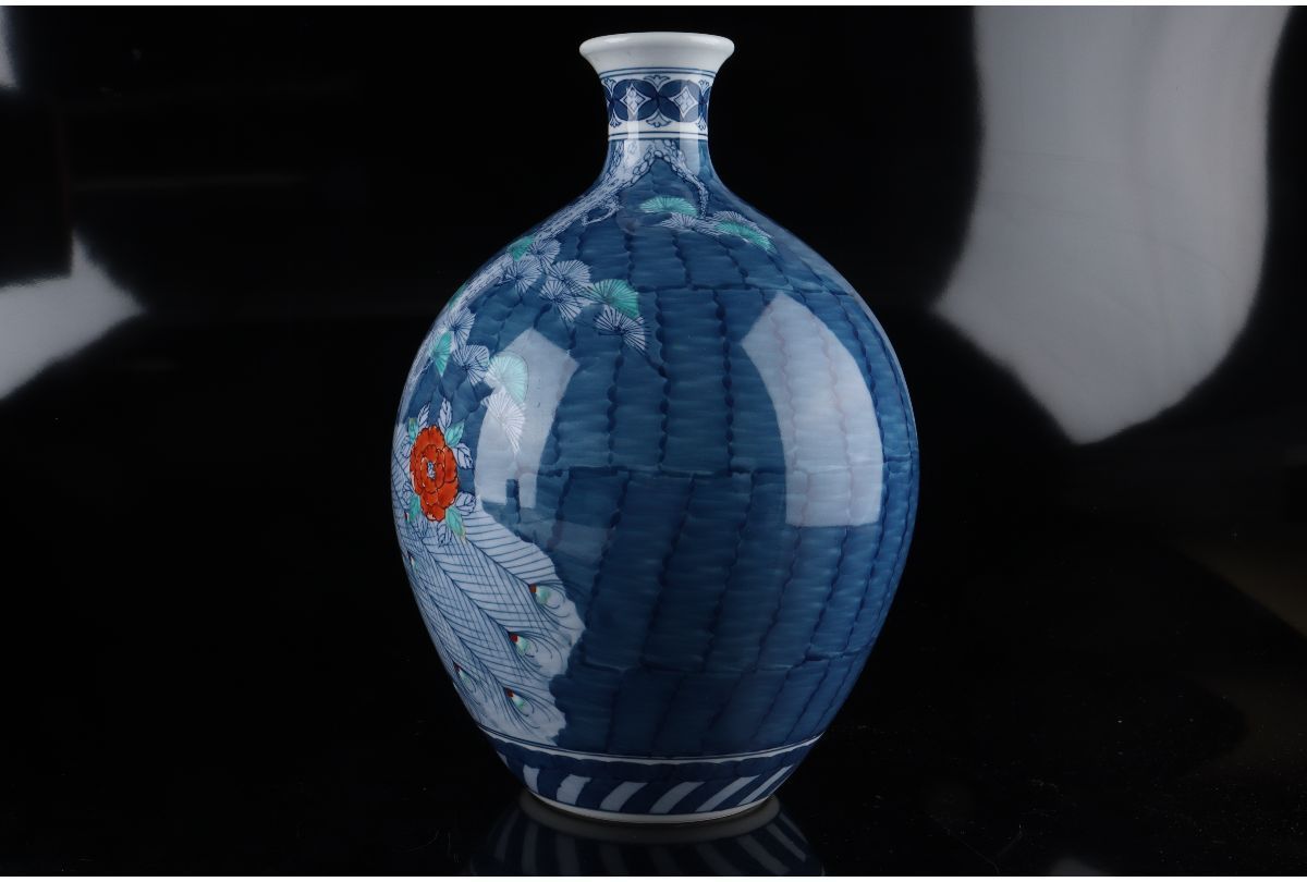 URA]鍋島焼/加藤藤山 造/色絵花紋花瓶/共箱/31.5cm/9-2-137(検)骨董