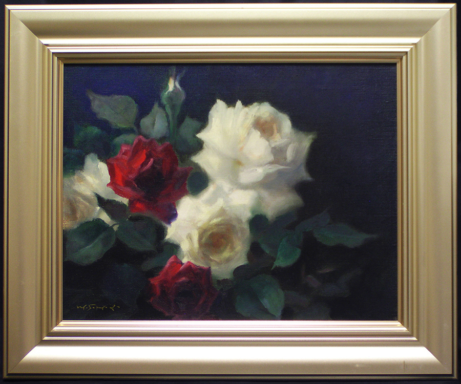 鈴木政輝 「ばら」 美術年鑑画家 油彩画 金色額縁付き F6号 箱付き 鈴木