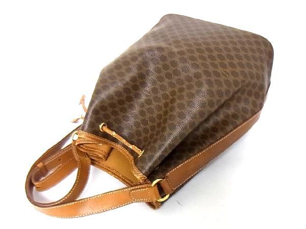 1円 CELINE セリーヌ マカダム柄 PVC×レザー 巾着型 ワンショルダーバッグ 肩掛けかばん レディース ブラウン系 Y8355fオ