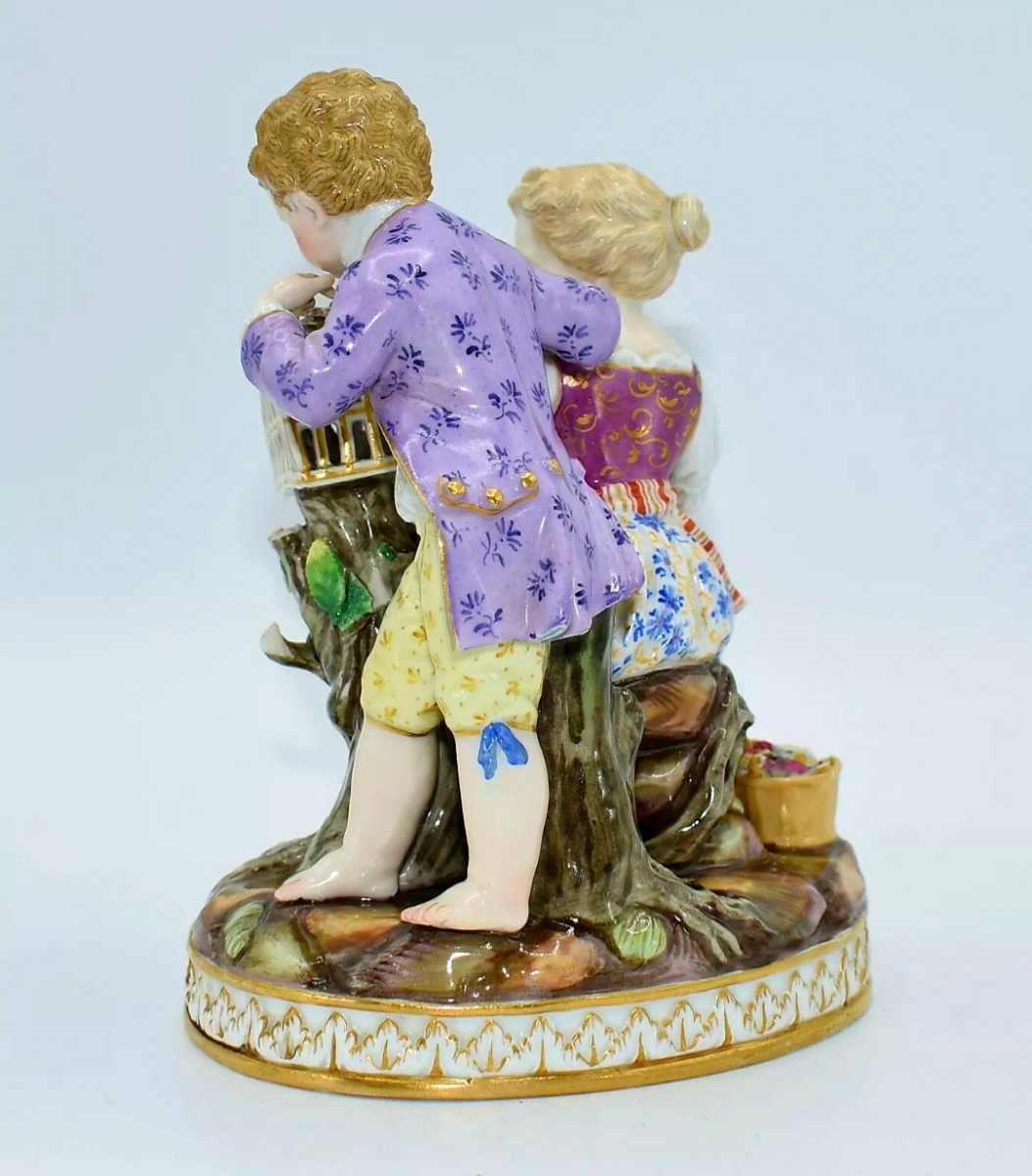 マイセン アンティーク 19世紀 Meissen 「少年と少女と鳥かご