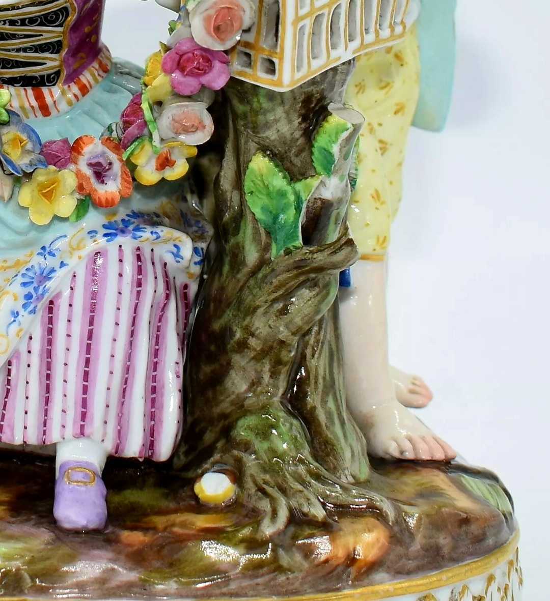 【古マイセン】アンティーク・フィギア魚とり マイセン アンティーク 19世紀 Meissen 「少年と少女と鳥かご