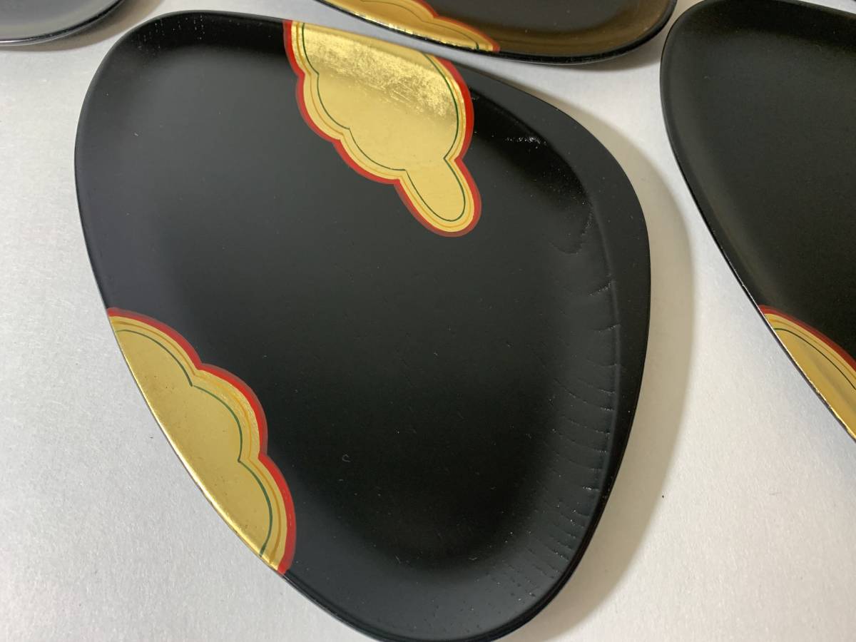 象彦・未使用】漆器 蛤形 銘々盆 5枚セット 黒金 象彦・未使用】漆器