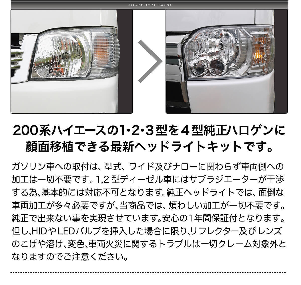 □ ハイエース 200 系 □ 1型・2型・3型を4型顔面移植ヘッドライト