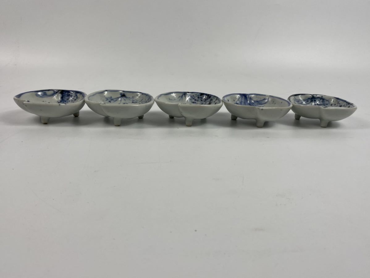 朝 幕末明治時期 古伊万里 豆皿 桃形 5客 染付 三足