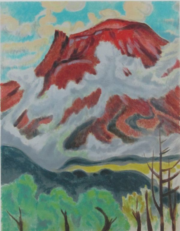 真作 リトグラフ/文化功労者 小山敬三/画題 紅浅間 E.A版 印章サイン/縦