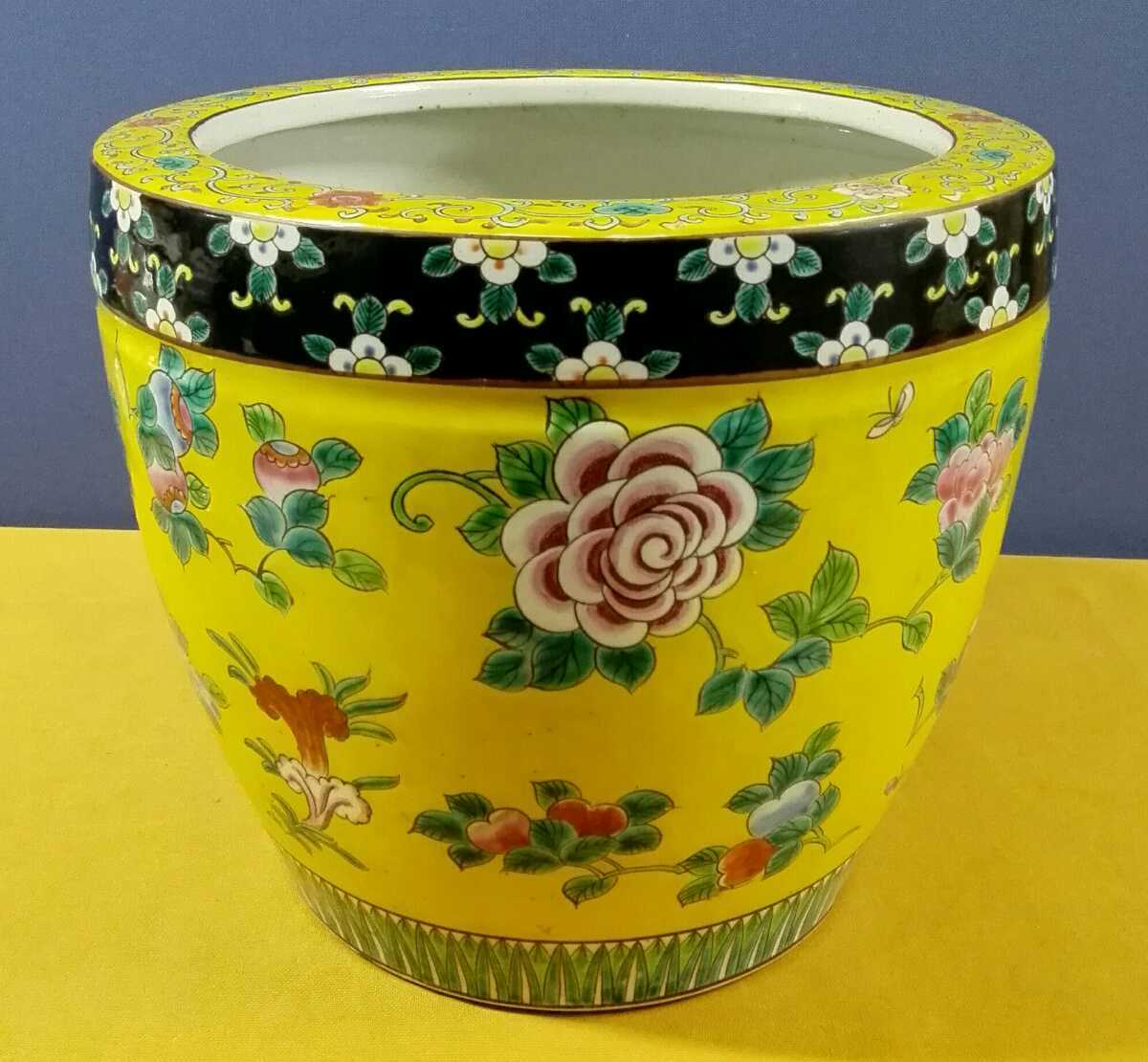 g_t H618 陶器製 火鉢(金魚鉢 メダカ鉢 植木鉢) 花柄・黄色(陶磁一般