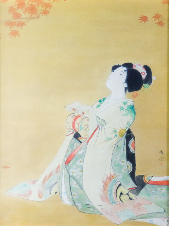 宙】鏑木清方「鼓を持つ舞妓」肉筆絹本 日本画12号 美人画巨匠 鎌倉