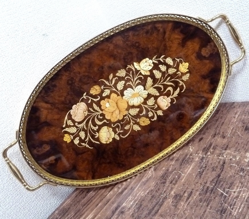 Paturzo Giovanni イタリア　お盆　ゴールド 花柄 楕円形 トレイ ☆BM)イタリア製 木象嵌 オーバル トレイ ティートレイ 横幅41㎝ お盆