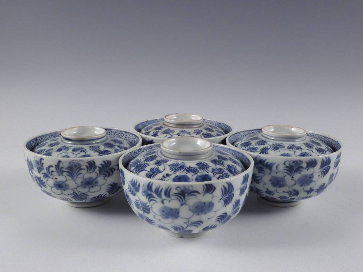 □匠□古伊万里 染付 花草文 蓋茶碗 4客 茶懐石 江戸