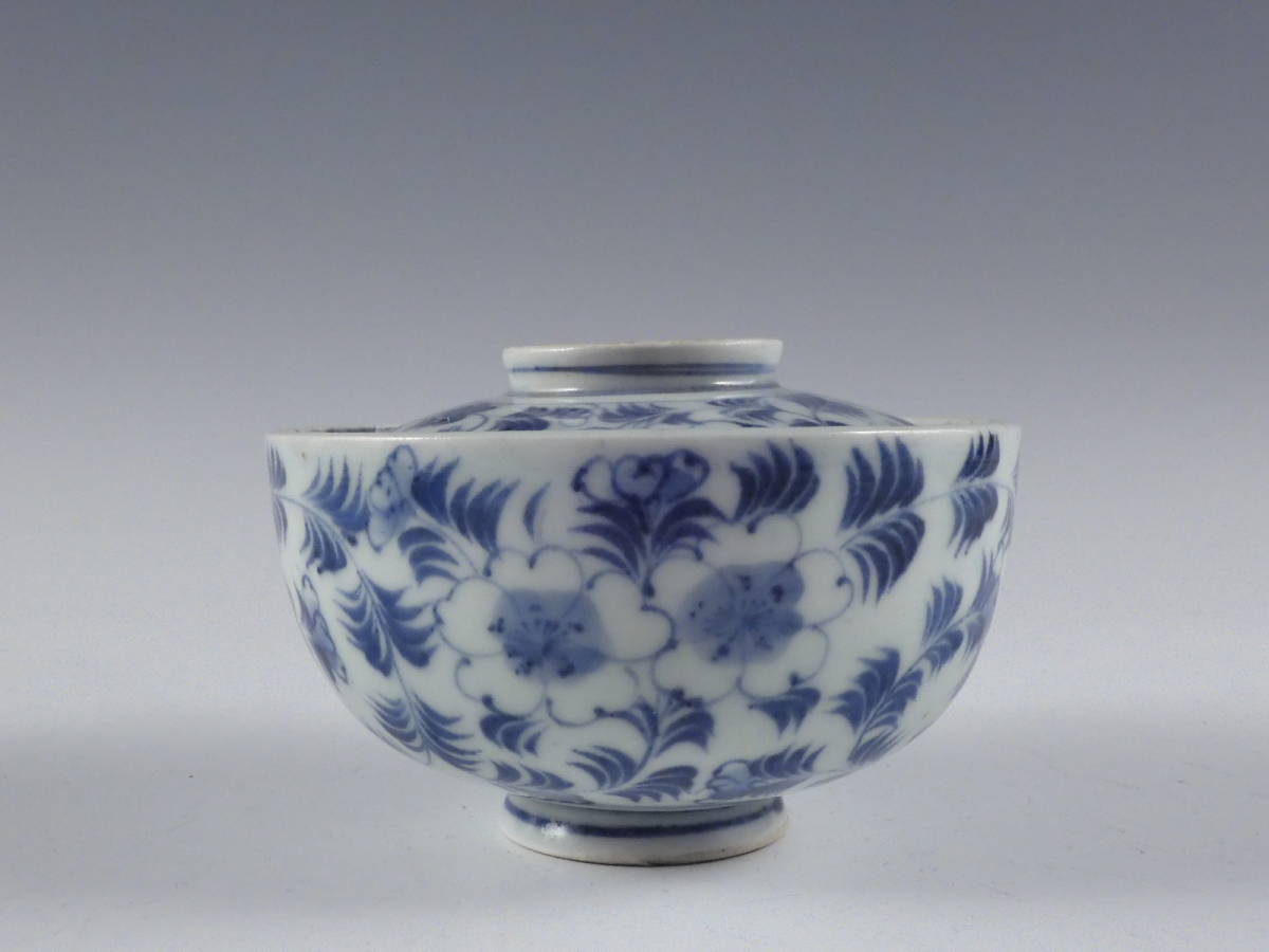 □匠□古伊万里 染付 花草文 蓋茶碗 4客 茶懐石 江戸