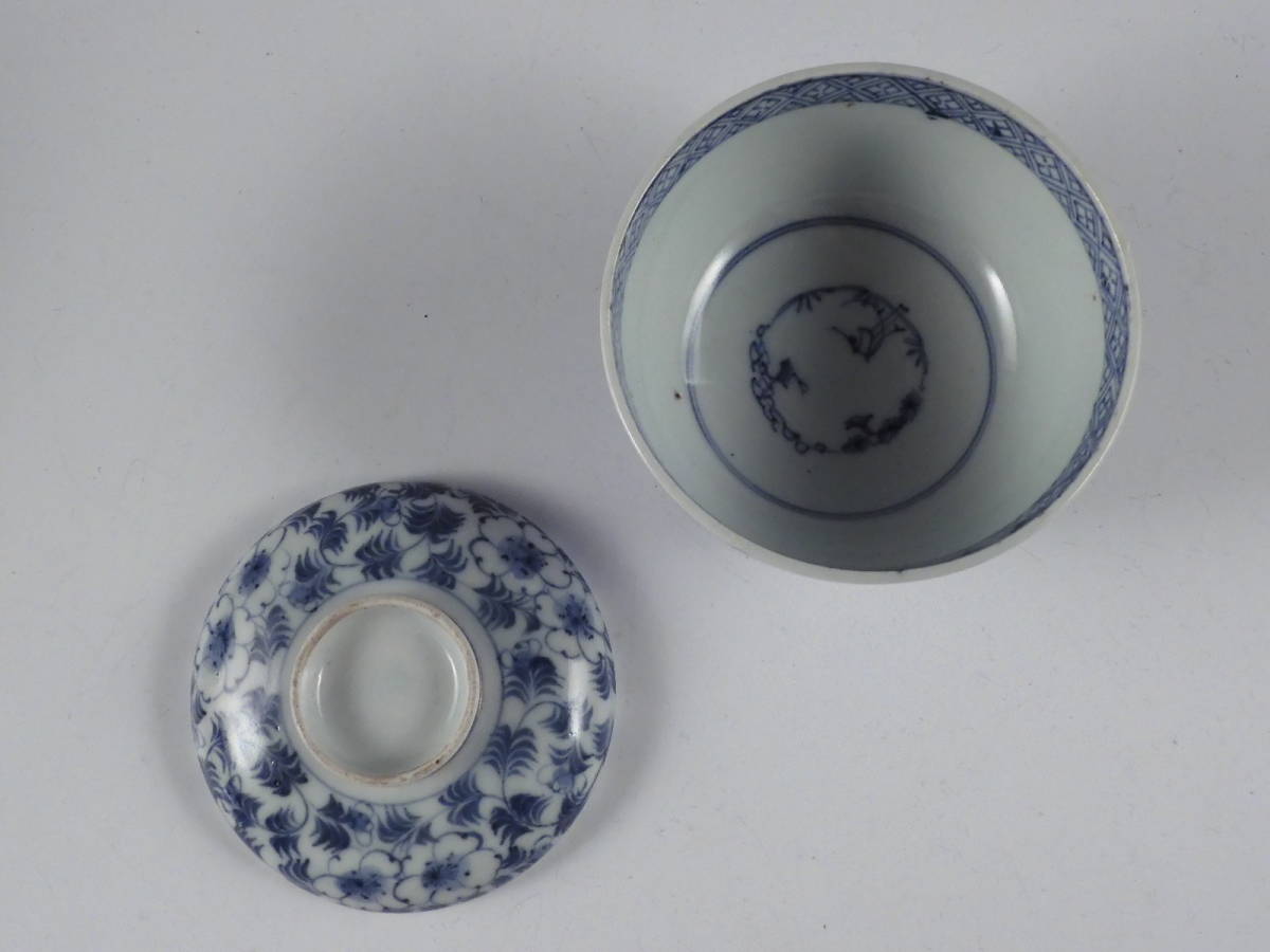 □匠□古伊万里 染付 花草文 蓋茶碗 4客 茶懐石 江戸