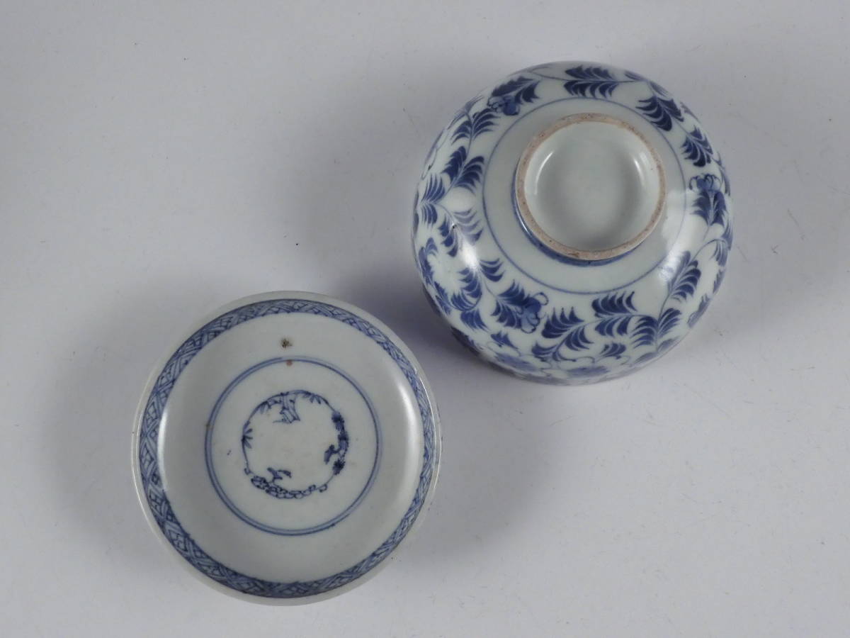 □匠□古伊万里 染付 花草文 蓋茶碗 4客 茶懐石 江戸