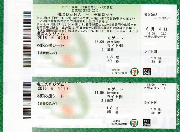 ◆6/4(土) 横浜vs千葉ロッテ@横浜 ライト側外野応援シート ペア