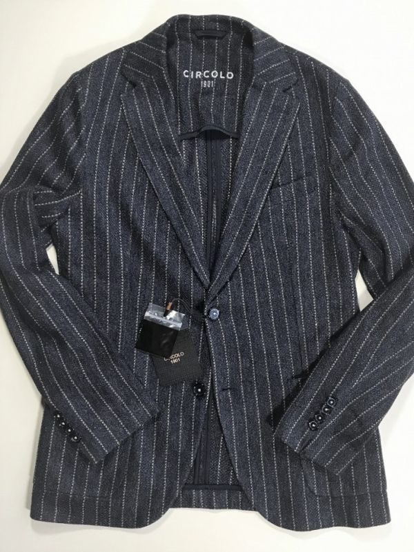【新品未使用】CIRCOLO 1901 チルコロ◆size 48◆春夏物 ネイビー ピュアリネン アンコン シングル ジャケット◆織生地 ストライプ