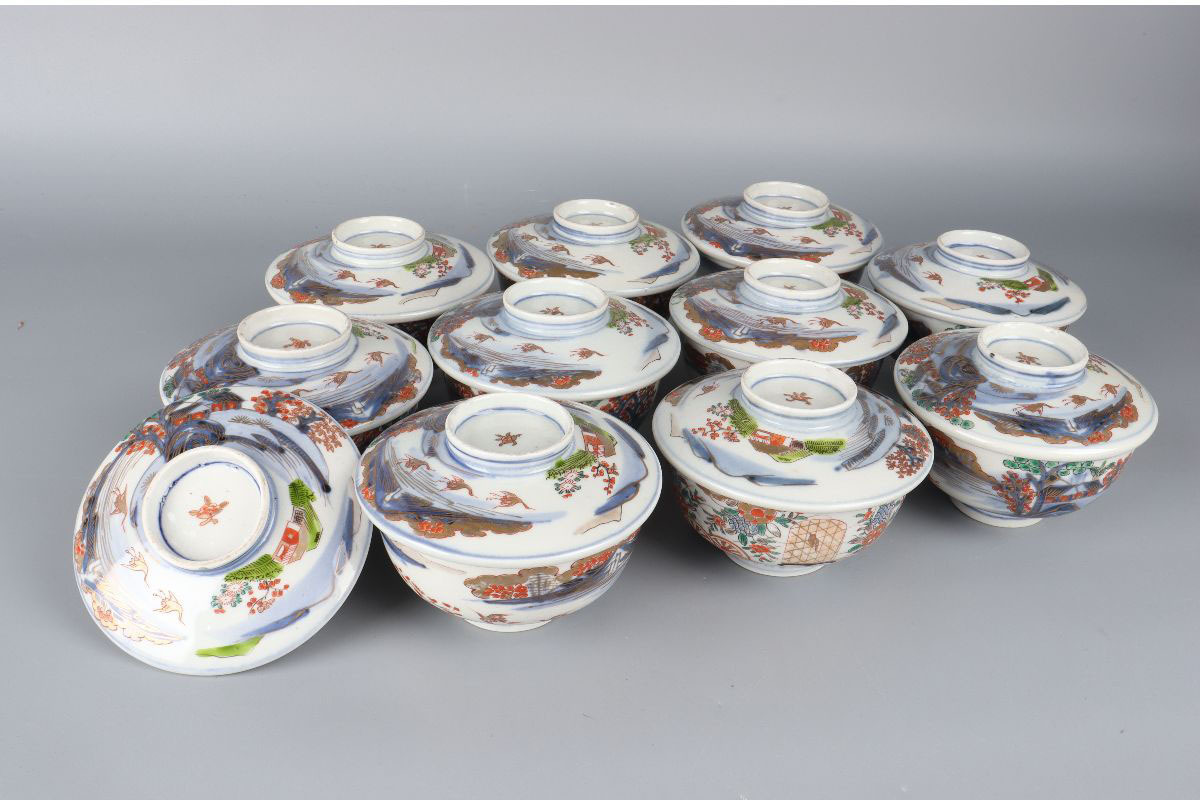 海外販売 【蔵c6354f】伊万里 染付 色絵 蓋茶碗 九客