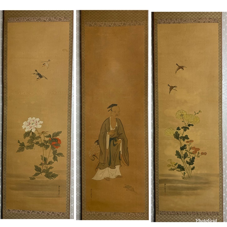 模写】狩野常信(古川叟) 三幅対 桃仙人 花鳥図 絹本 肉筆 掛軸 江戸
