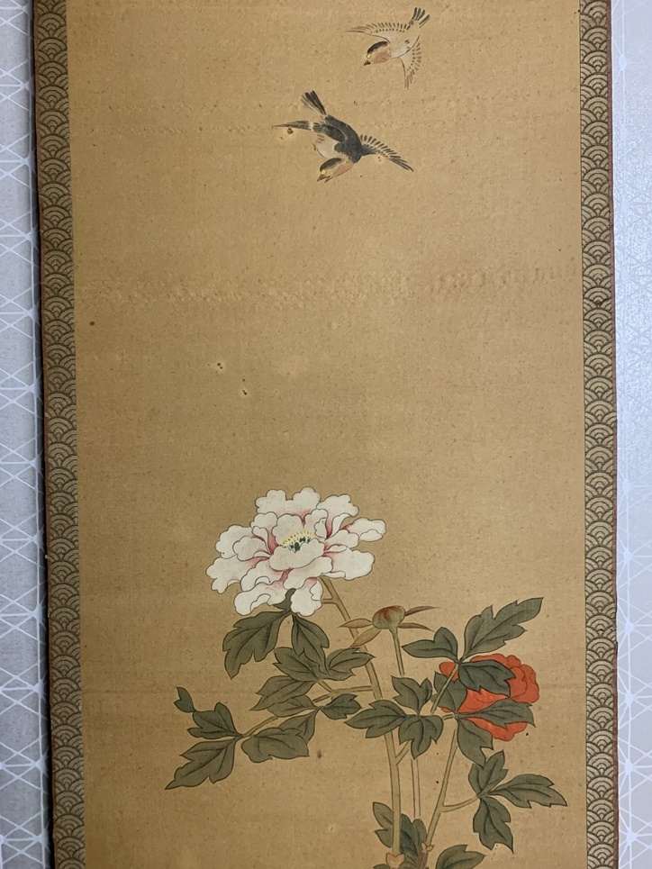 模写】狩野常信(古川叟) 三幅対 桃仙人 花鳥図 絹本 肉筆 掛軸 江戸