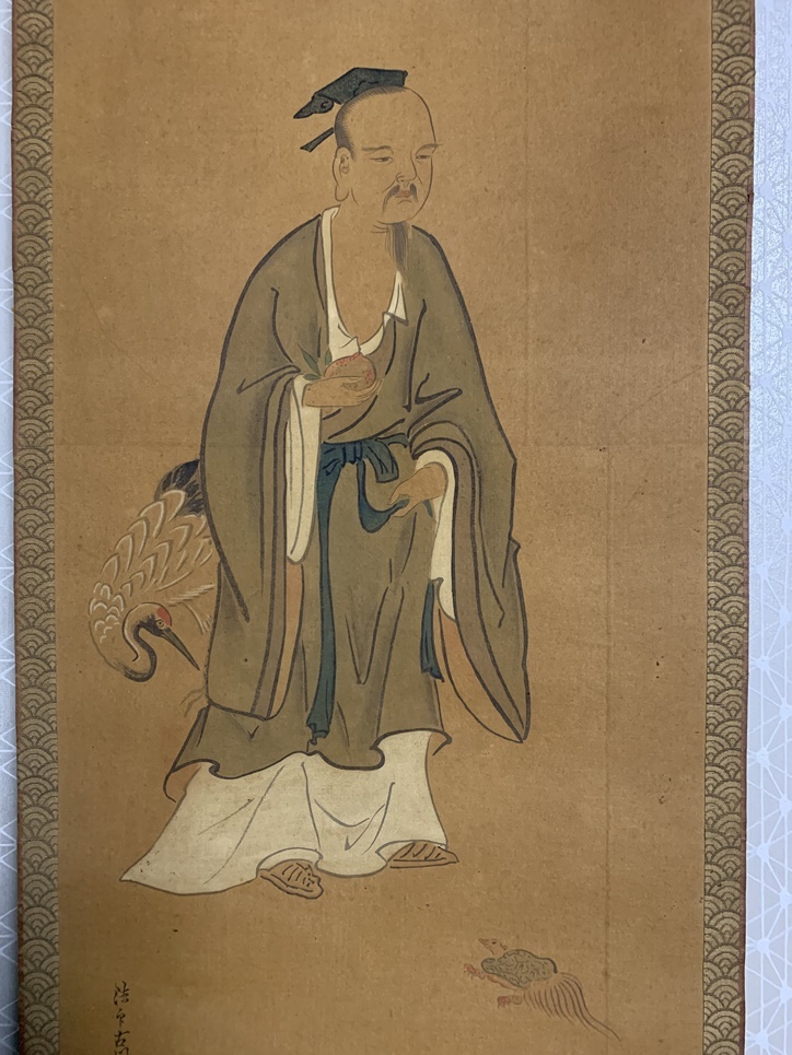 模写】狩野常信(古川叟) 三幅対 桃仙人 花鳥図 絹本 肉筆 掛軸 江戸