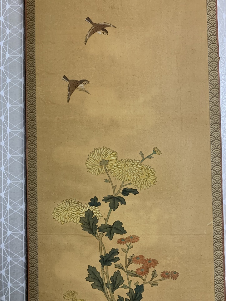 模写】狩野常信(古川叟) 三幅対 桃仙人 花鳥図 絹本 肉筆 掛軸 江戸