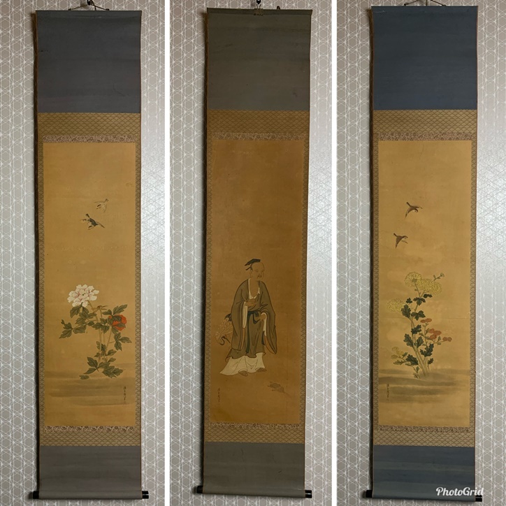 模写】狩野常信(古川叟) 三幅対 桃仙人 花鳥図 絹本 肉筆 掛軸 江戸
