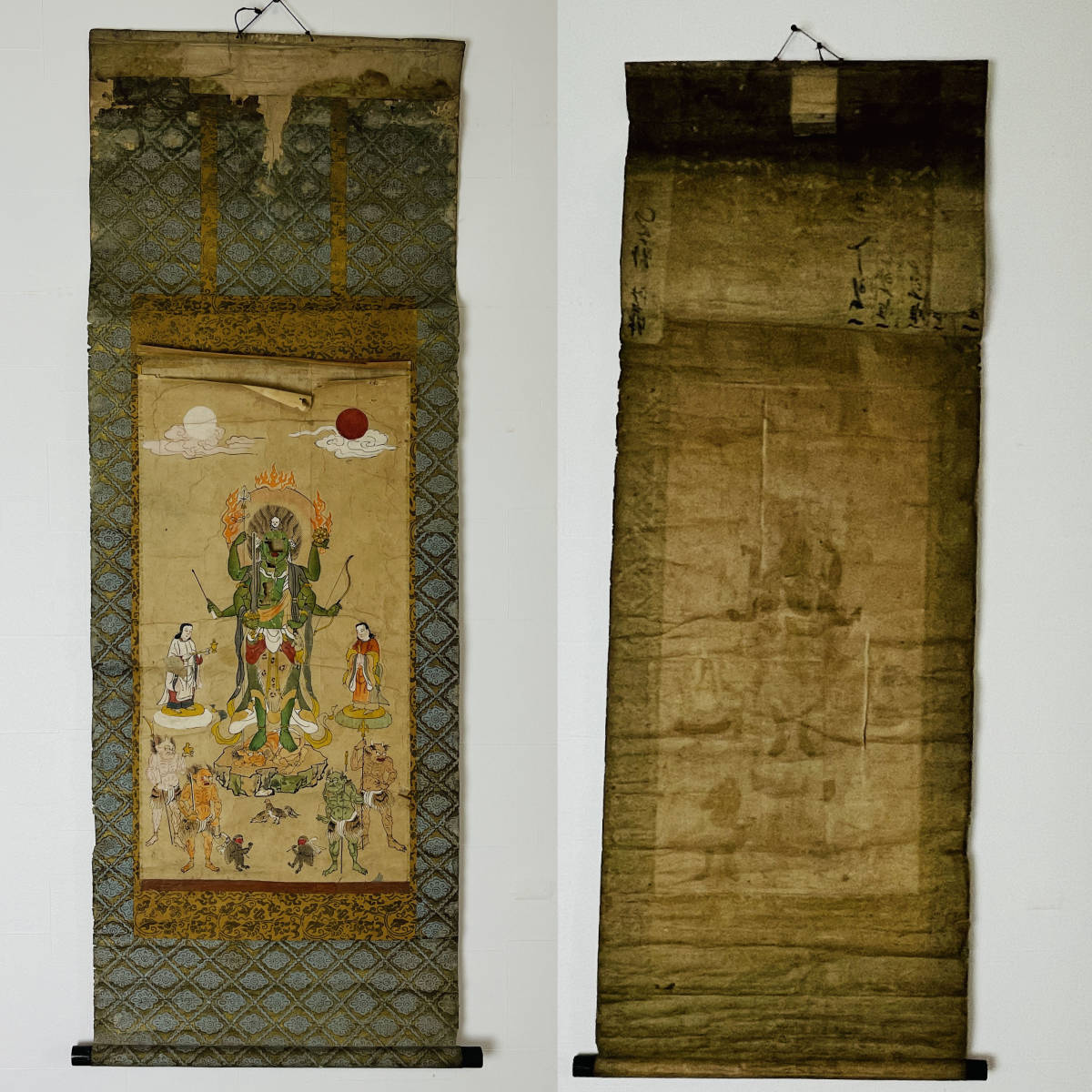 古仏画『青面金剛』紙本 彩色 著色 肉筆 二点セット 額装 庚申信仰