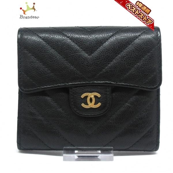 シャネル CHANEL 3つ折り財布 Vステッチ(シェブロン) レザー 黒