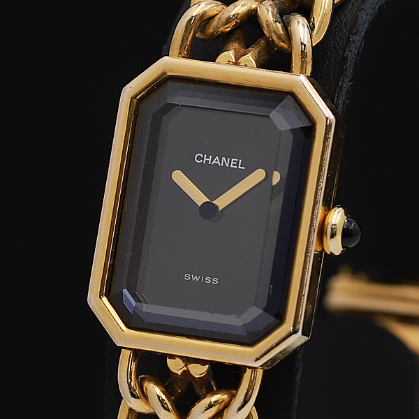 美品 CHANEL ノベルティ プルミエール ブラック 時計 1円☆稼働品【シャネル】プルミエール ブラック文字盤 L カットガラス