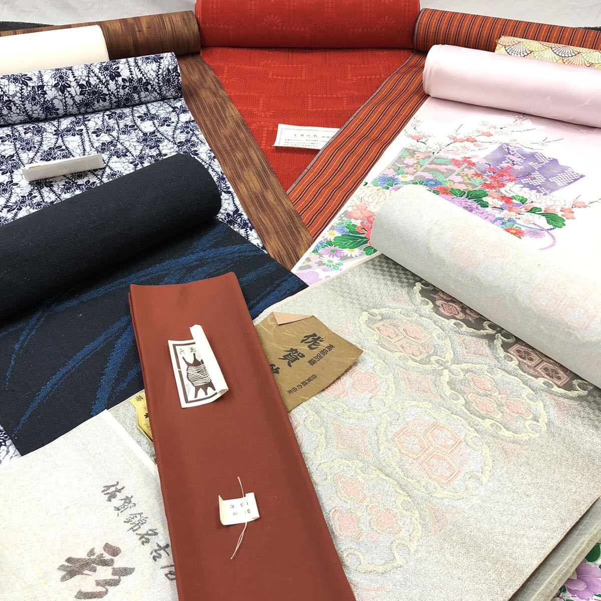 FN6026A【1000円スタート!!】 着物 帯 反物 大島 紬 佐賀錦 正絹 