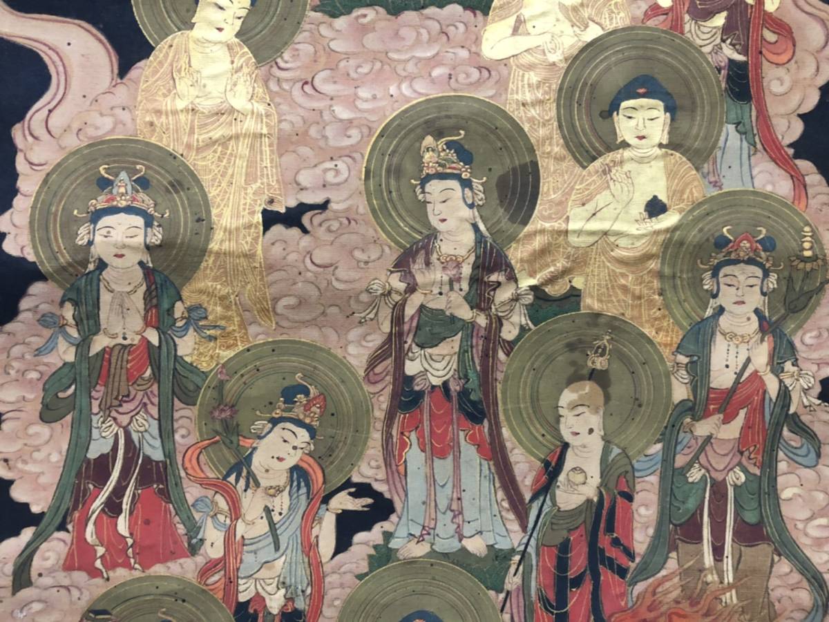 古画 十三仏来迎図 肉筆 着色絹本 掛軸 (中国古玩 仏画 仏教美術 浄土