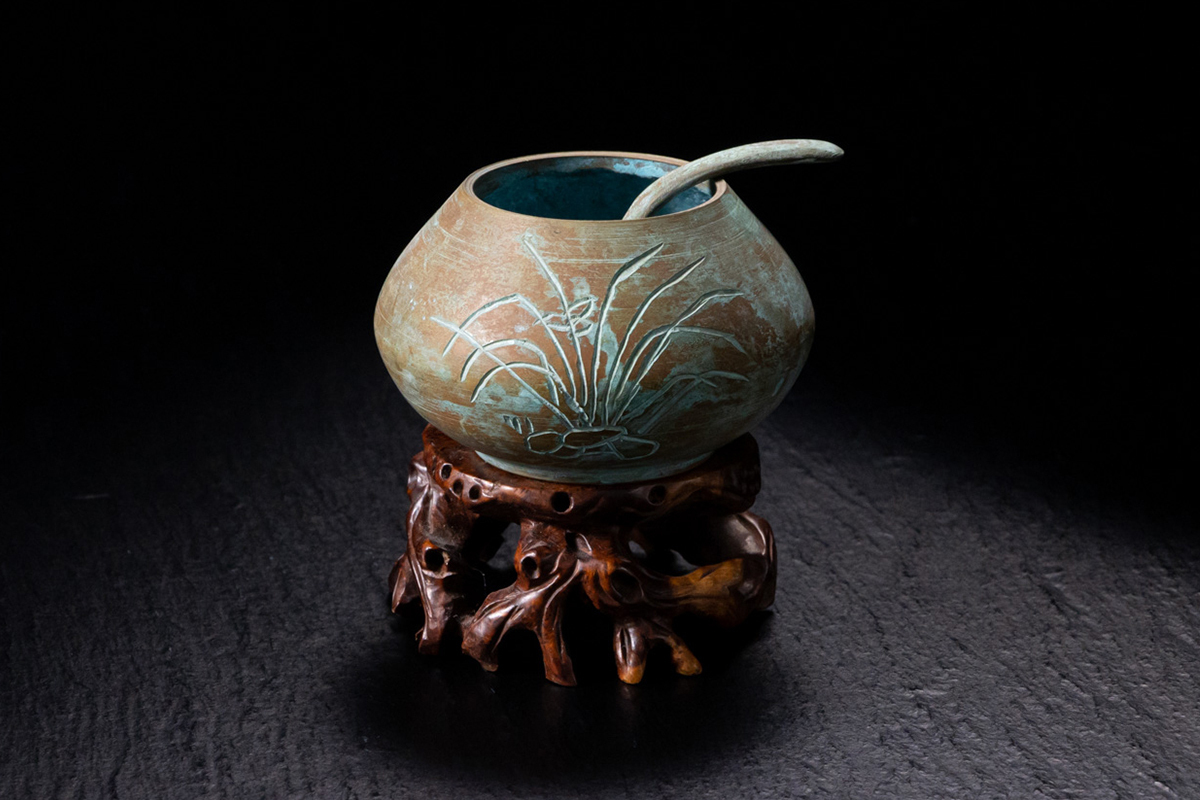 夢工房】時代 青銅 獣耳 火鉢 （ 煎茶 瓶掛 ） 箱入 重さ7.8kg 幅