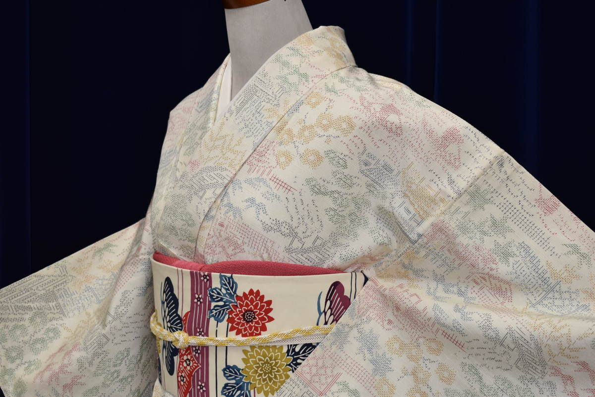 正絹 紬 十日町紬 「井桁に十字 ≪お仕立て上がり・単衣仕立て・中古美 