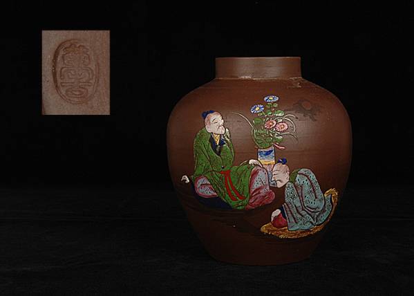 ■昔の夢■n80　時代　萬古 老人図壷　茶道具