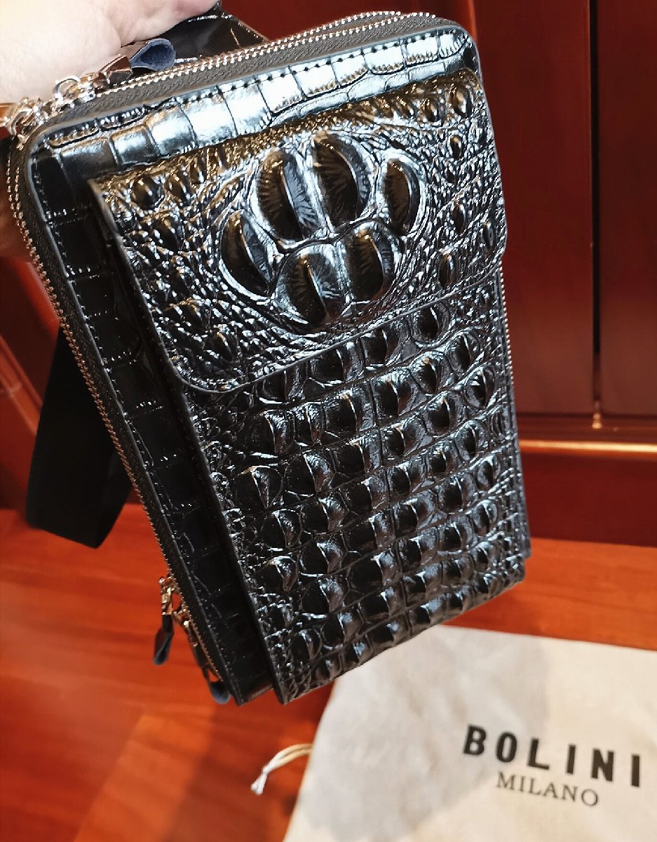 イタリア・ミラノ発*BOLINI・最上級牛革・クロコダイル*リュックサック黒色