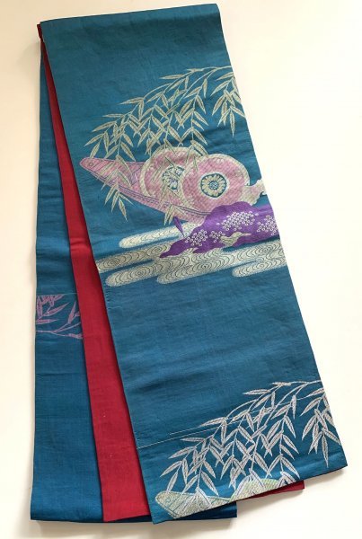 KIRUKRU 着用可 アンティーク 昼夜帯 手刺繍 織 正絹 マゼンタ 青緑