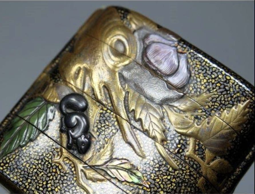 美術館級別！ 最高峰作 田付隆益 作 栗 栗鼠 本金蒔絵内梨地 螺鈿 翡翠