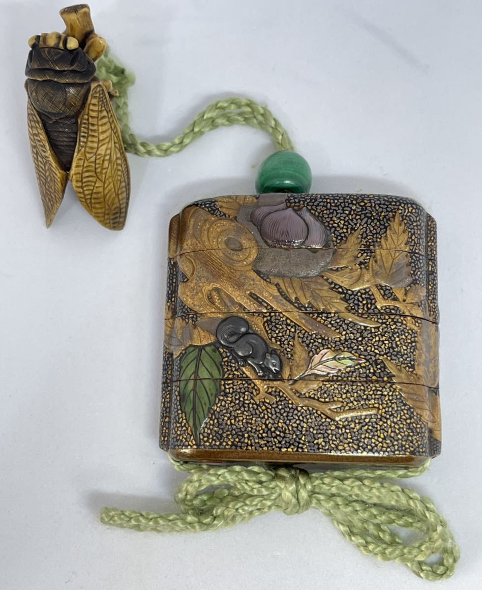 美術館級別！ 最高峰作 田付隆益 作 栗 栗鼠 本金蒔絵内梨地 螺鈿 翡翠