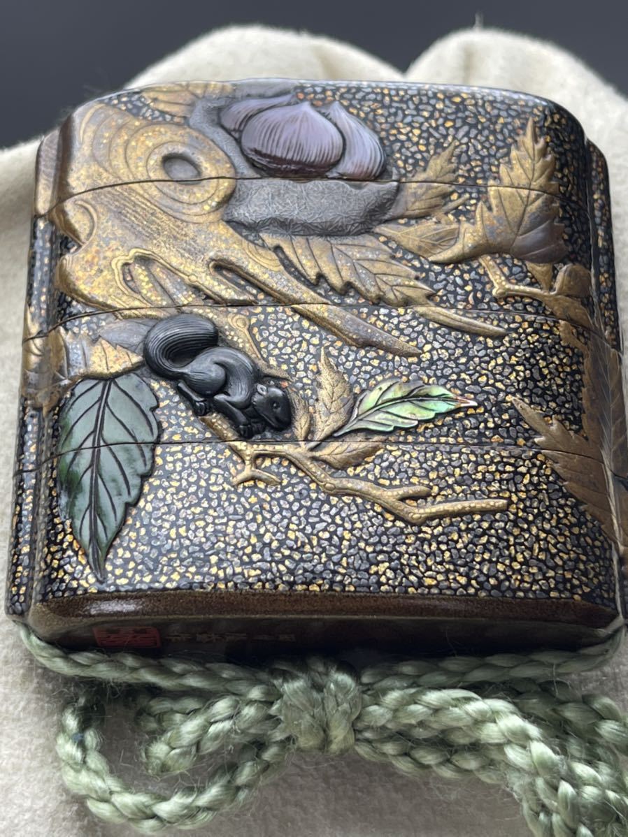 美術館級別！ 最高峰作 田付隆益 作 栗 栗鼠 本金蒔絵内梨地 螺鈿 翡翠