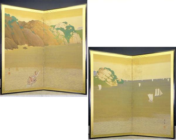 都屋】秀月 舟山水図二枚折屏風一双 絹本肉筆 紙本墨画山水図〈雪舟筆
