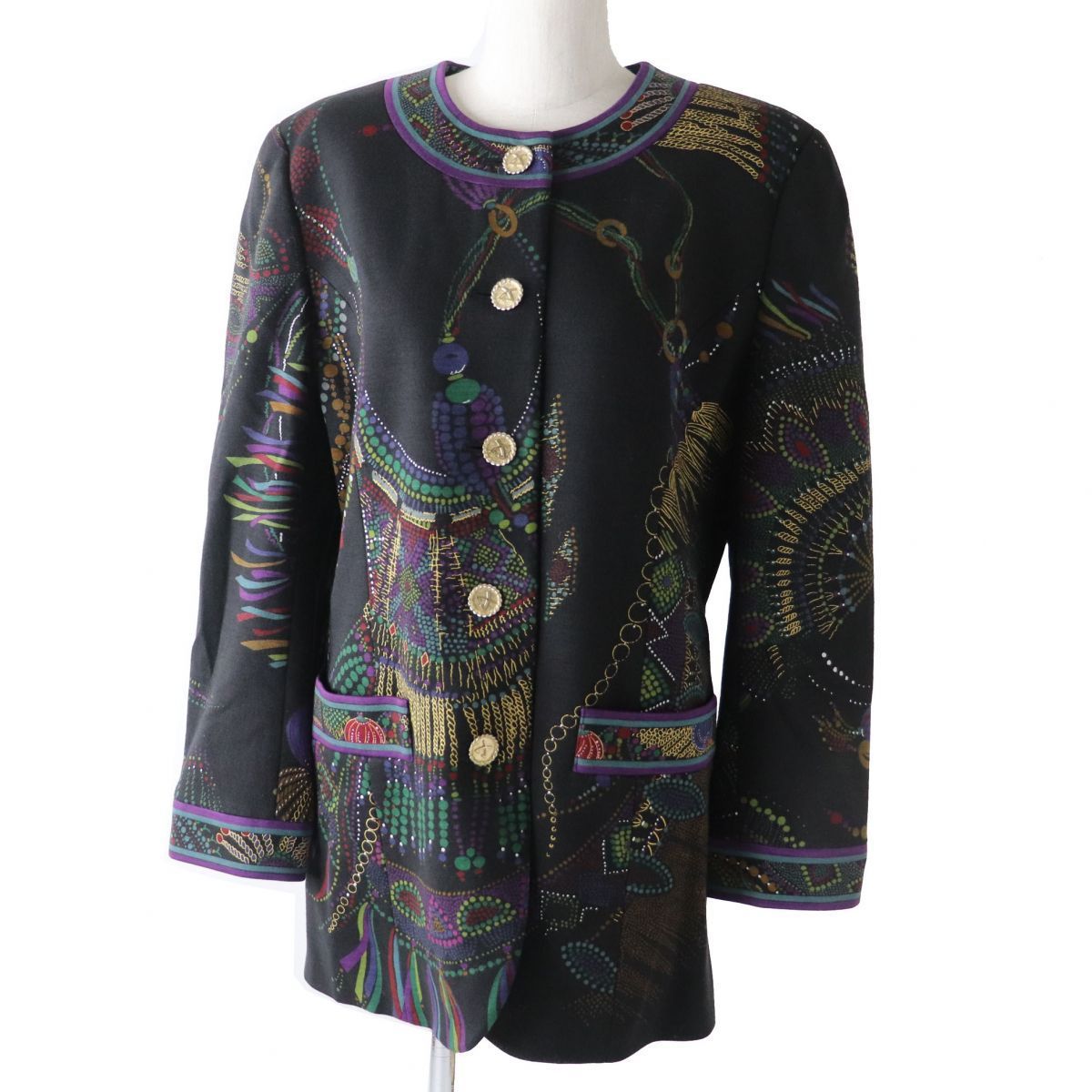 極美品◎日本製 LEONARD FASHION レオナール ファッション 0391500 レディース ノーカラーウールジャケット ブラック×マルチ 総柄 11AR