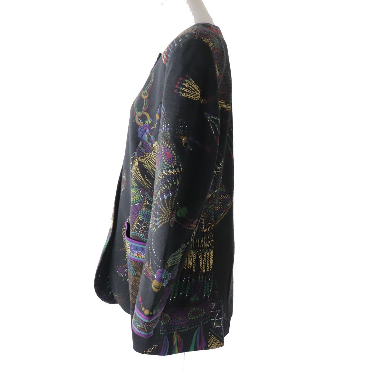 極美品◎日本製 LEONARD FASHION レオナール ファッション 0391500 レディース ノーカラーウールジャケット ブラック×マルチ 総柄 11AR