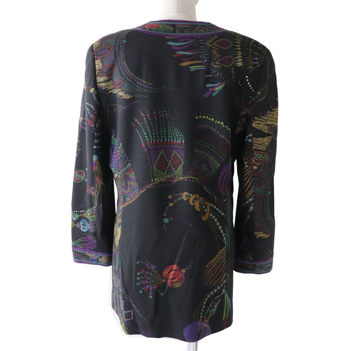 極美品◎日本製 LEONARD FASHION レオナール ファッション 0391500 レディース ノーカラーウールジャケット ブラック×マルチ 総柄 11AR
