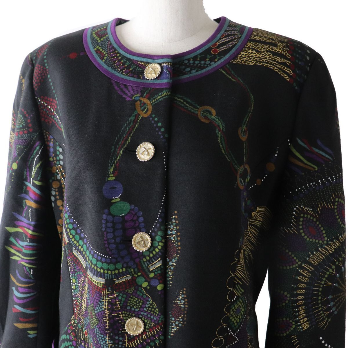 極美品◎日本製 LEONARD FASHION レオナール ファッション 0391500 レディース ノーカラーウールジャケット ブラック×マルチ 総柄 11AR