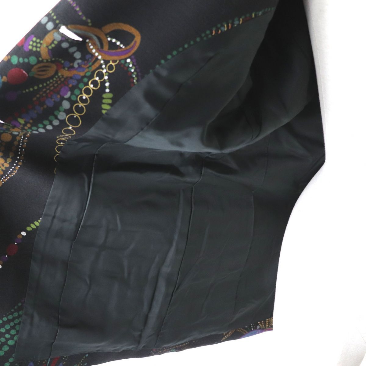 極美品◎日本製 LEONARD FASHION レオナール ファッション 0391500 レディース ノーカラーウールジャケット ブラック×マルチ 総柄 11AR