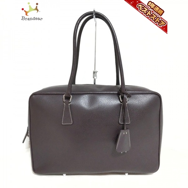 プラダ PRADA ハンドバッグ - レザー ダークブラウン バッグ PRADA ダークブラウン プラダ メルカリ 革タグ ハンドバッグ(レディース