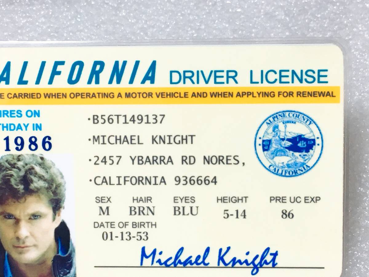 アメリカ 特撮系ドラマグッズ ナイトライダー マイケル ナイト デビッド ハッセルホフさん 初期のca運転免許証風 Idカード 映画関連グッズ 売買されたオークション情報 Yahooの商品情報をアーカイブ公開 オークファン Aucfan Com
