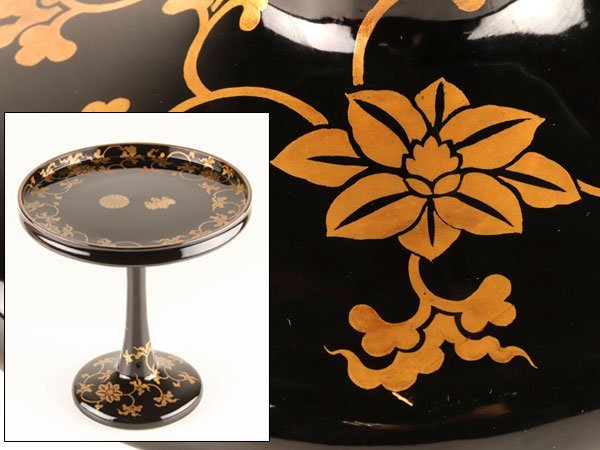 企業情報-紀文と漆器 金蒔絵菊花図黒漆塗り木製盆 中〜