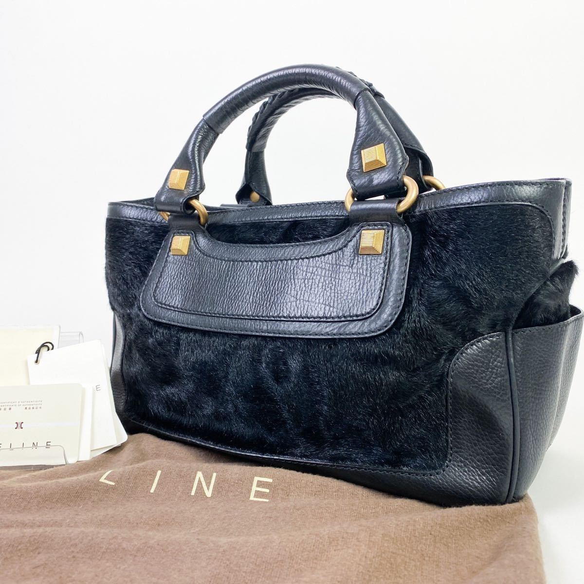 1円〜【極美品】CELINE セリーヌ ハンドバッグ ブギーバック ハラコ レザー スタッズ トリオンフ ゴールド金具 黒 ブラック カーフレザー セリーヌ ブギーバッグ ハンドバッグ マカダム □ [美品]